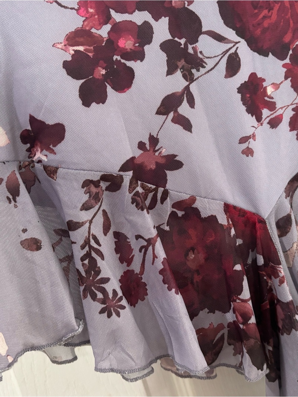 Rebellious Ruffle Sleeveless Top • Lavender with Burgundy Floral Print XL - Picture 6 of 11